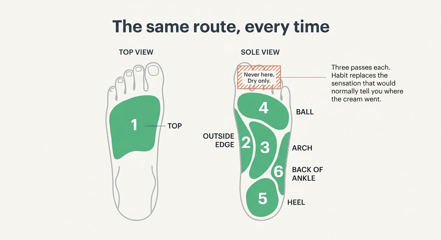 Numbered foot map showing the six zone moisturising route and the excluded area