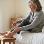 Woman seated on a bed using a long handled applicator on her bare foot
