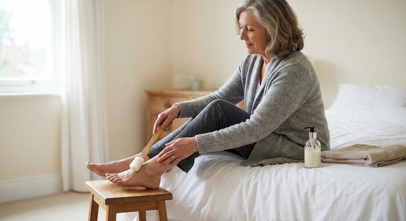 Woman seated on a bed using a long handled applicator on her bare foot