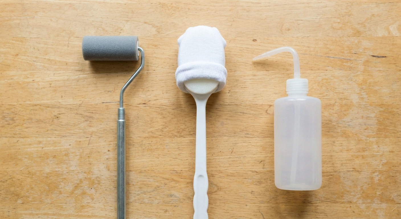 Foam paint roller, sponge covered with a sock, and a long spouted bottle