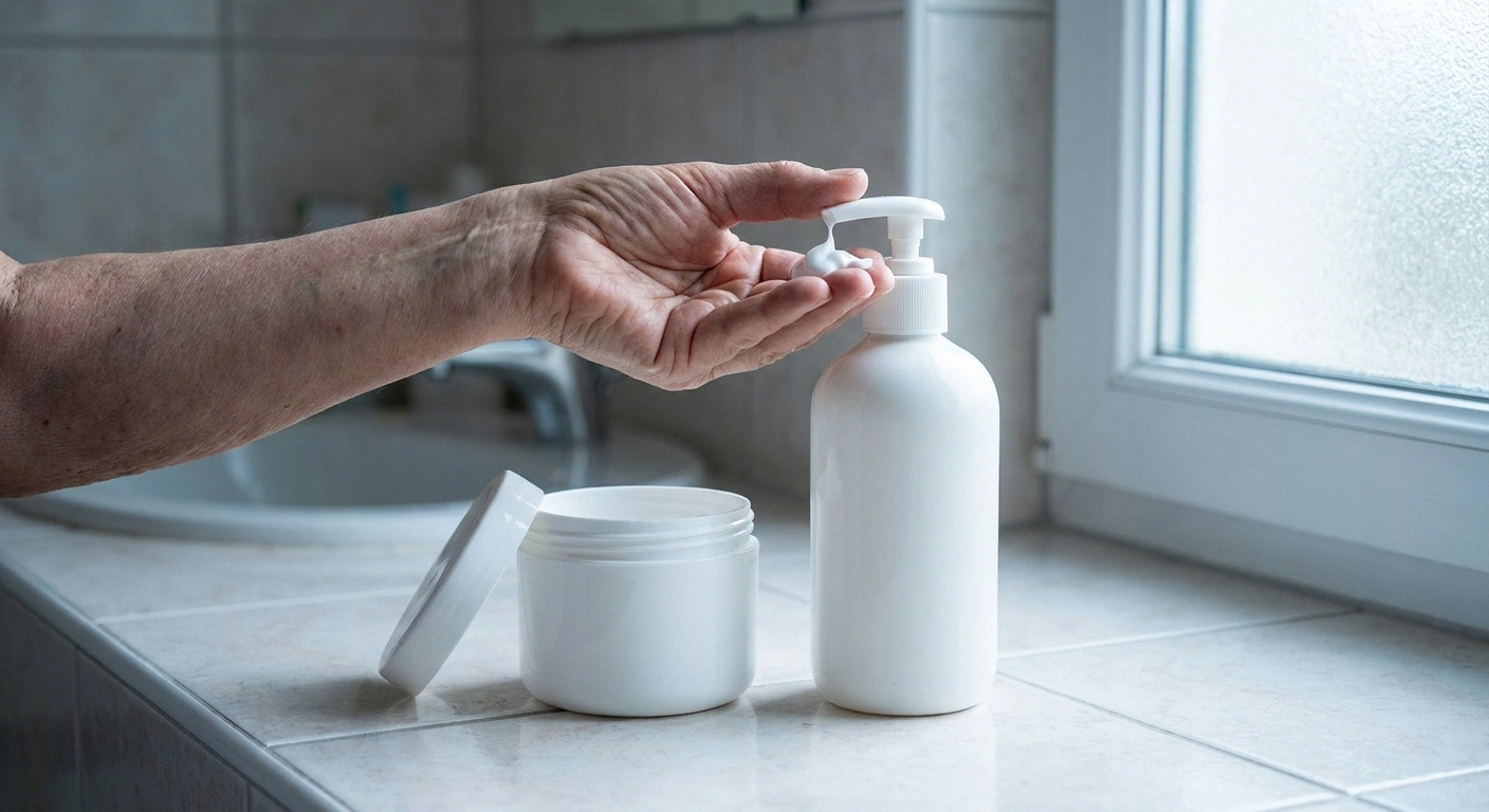 Hand pressing a pump bottle beside an open screw lid tub