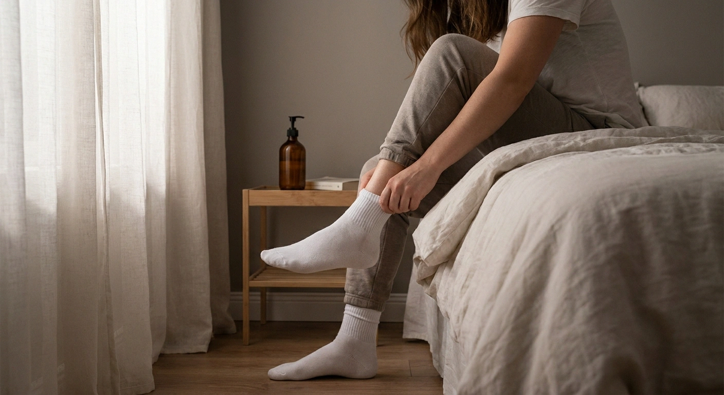 Person seated on a bed pulling a cotton sock onto a moisturised foot