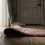 Low view along a hallway showing a slightly curled rug corner with a bare foot approaching
