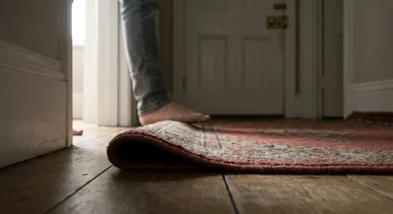 Low view along a hallway showing a slightly curled rug corner with a bare foot approaching