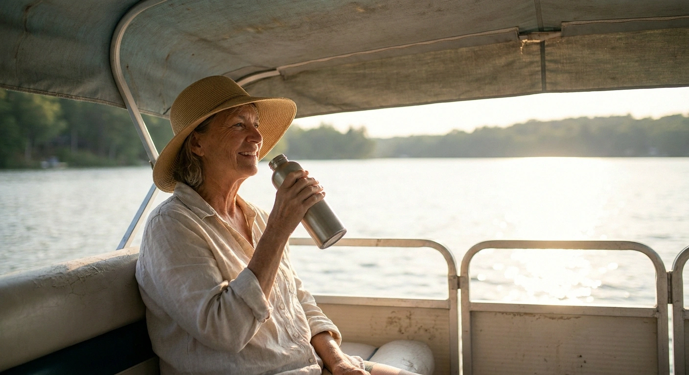Woman in a wide-brimmed hat drinking water under a boat canopy
