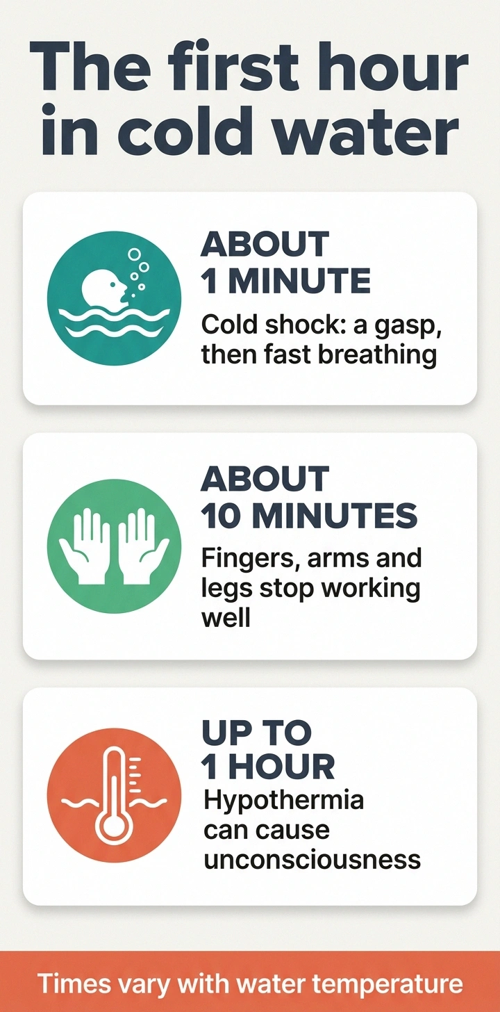Infographic showing the three phases of a sudden fall into cold water