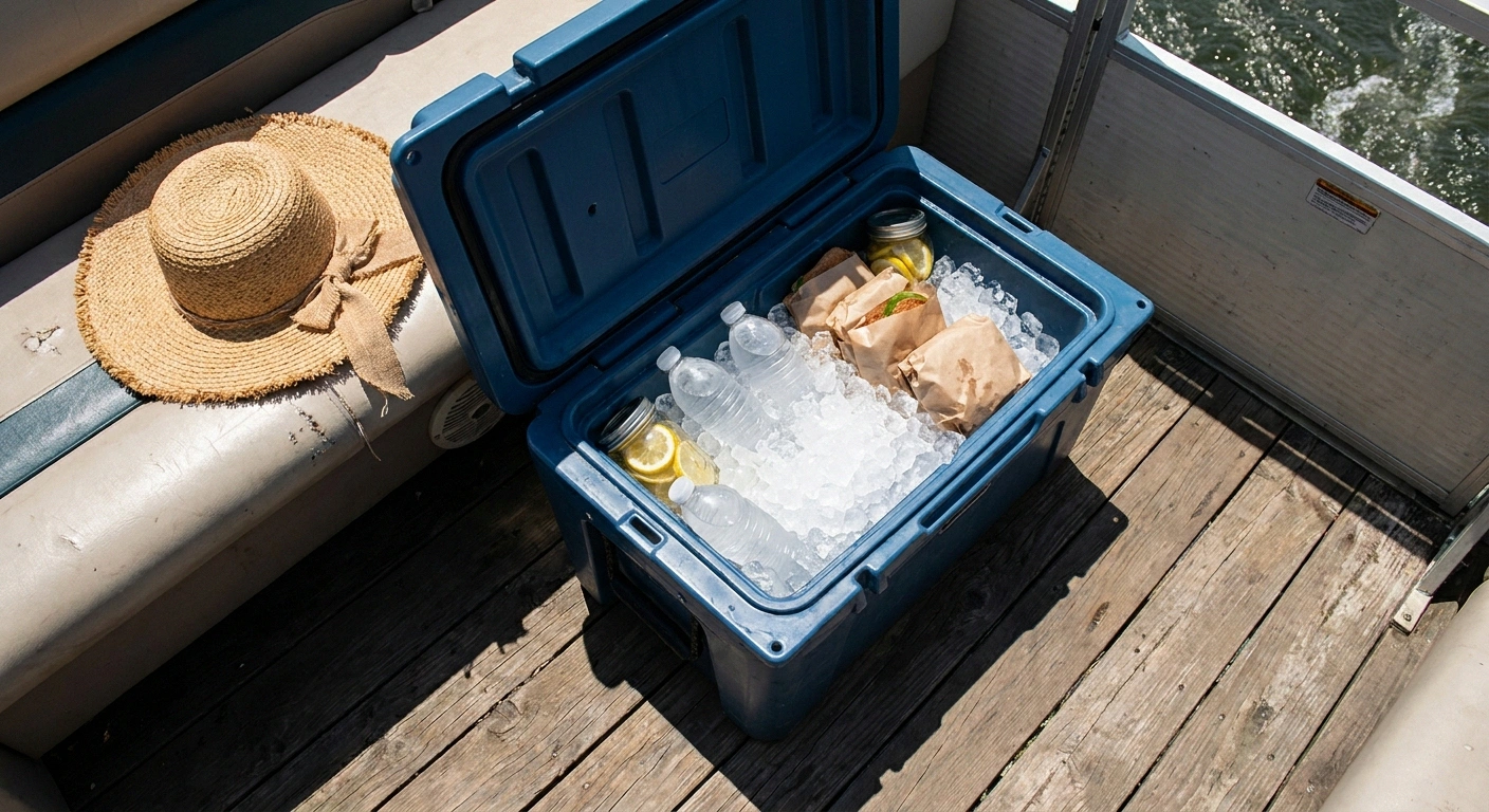 Open cooler on a boat packed with ice, water bottles and sandwiches