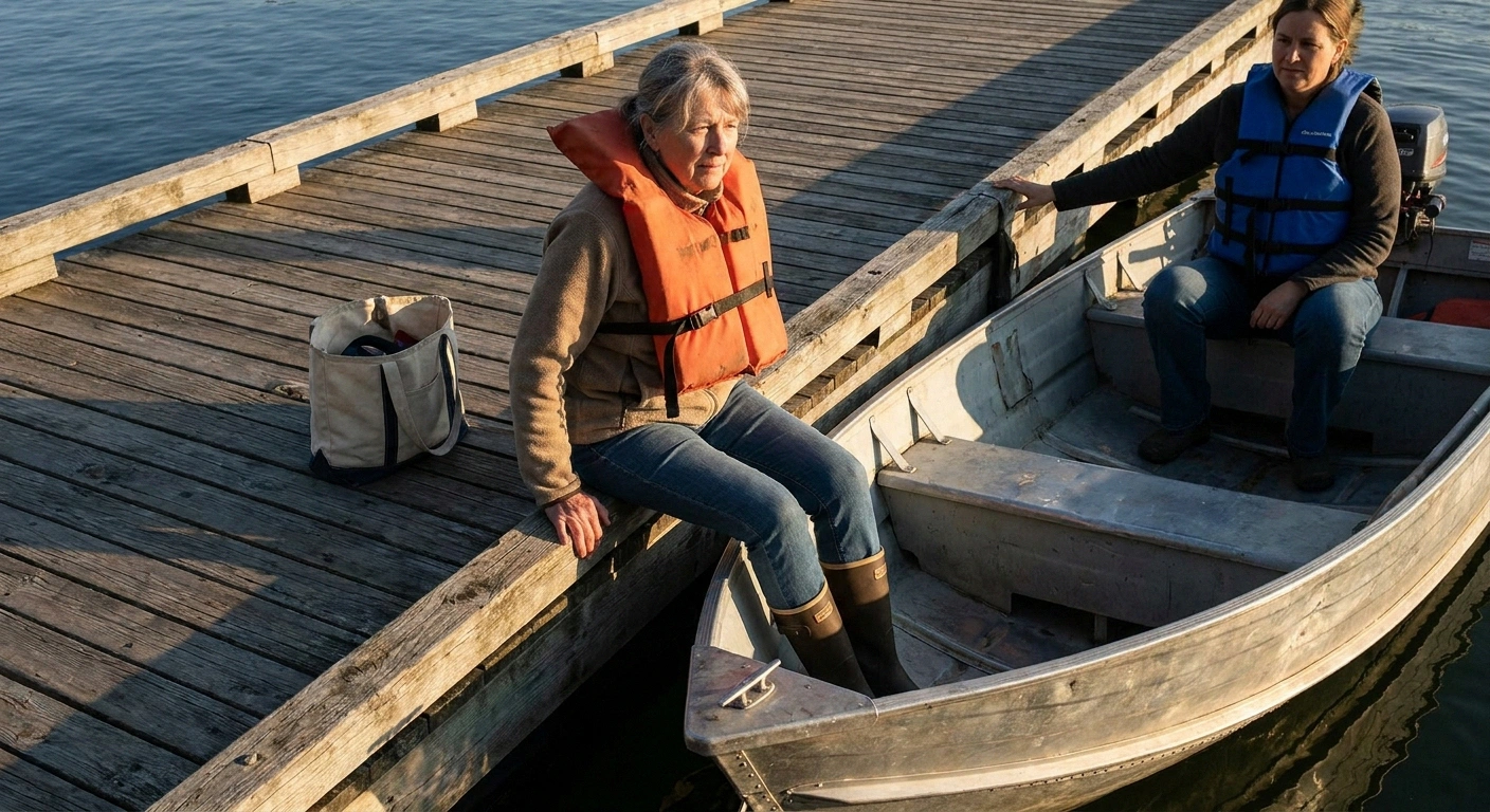 Woman seated on a dock edge easing into a small fishing boat