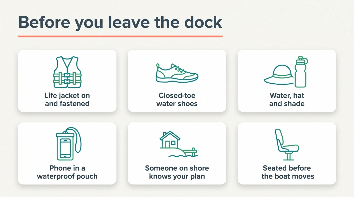 Checklist infographic of six things to do before leaving the dock