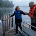 Woman stepping from a dock onto a pontoon boat, holding the gate rail