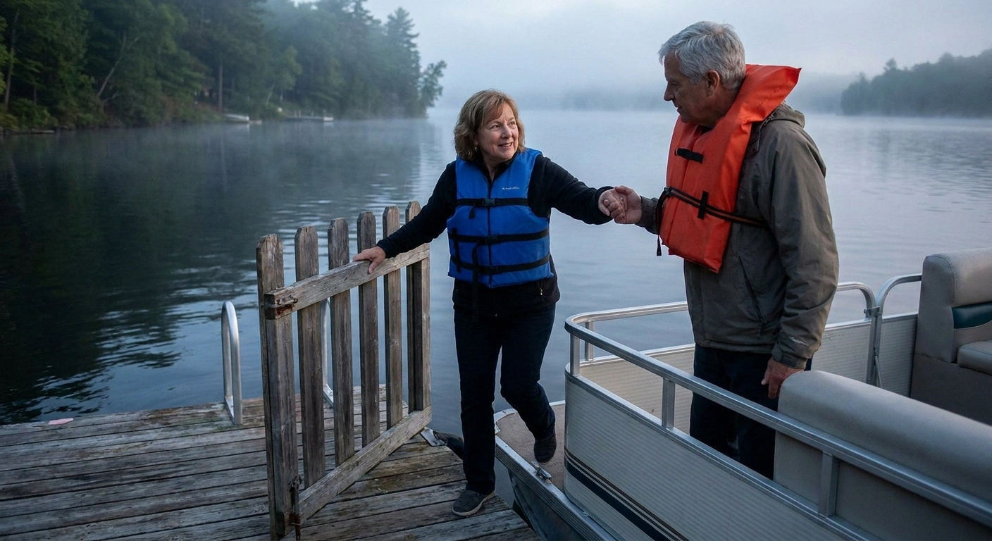 Woman stepping from a dock onto a pontoon boat, holding the gate rail