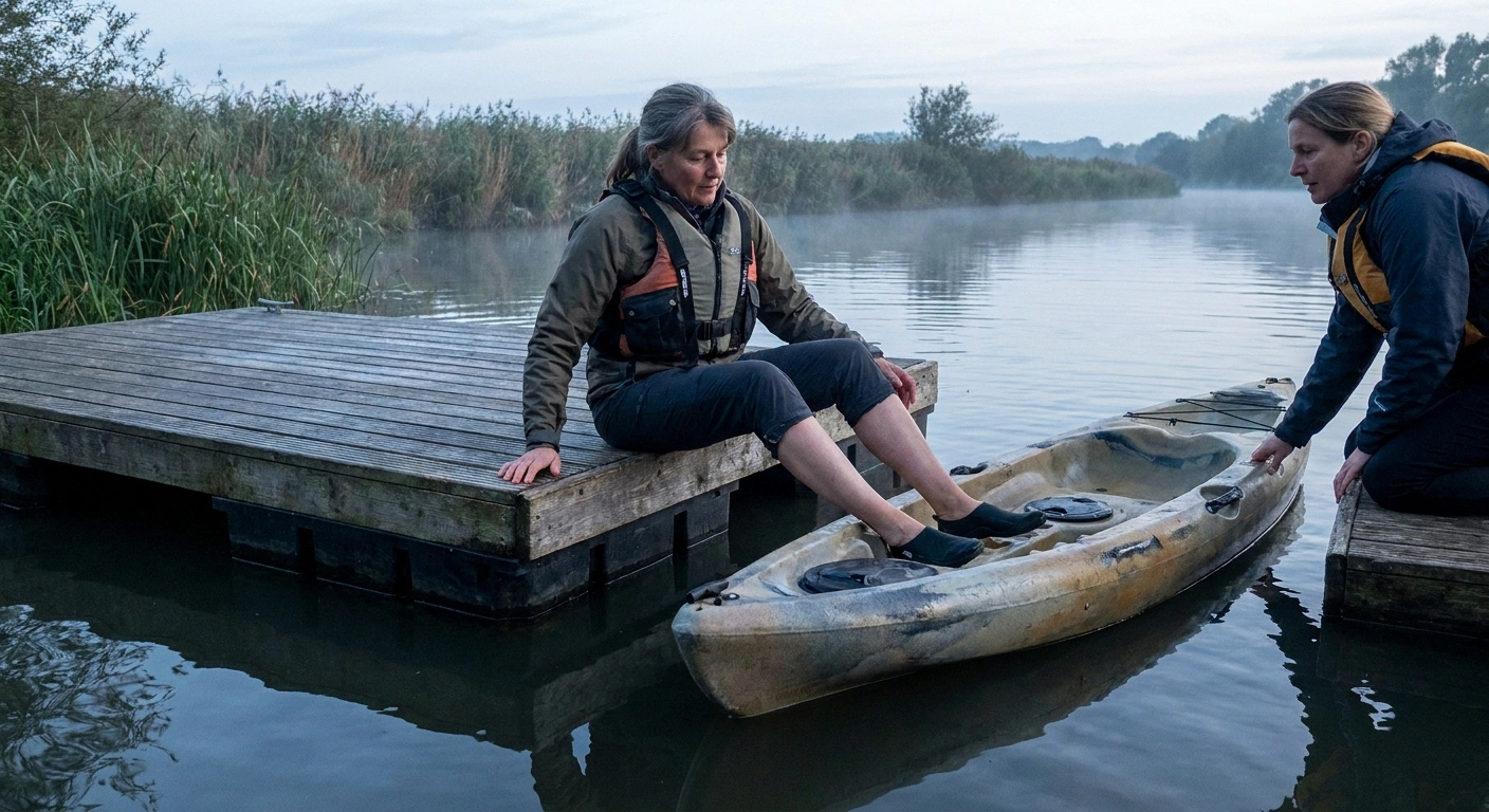 Woman sliding from a low dock into a sit-on-top kayak held by a friend