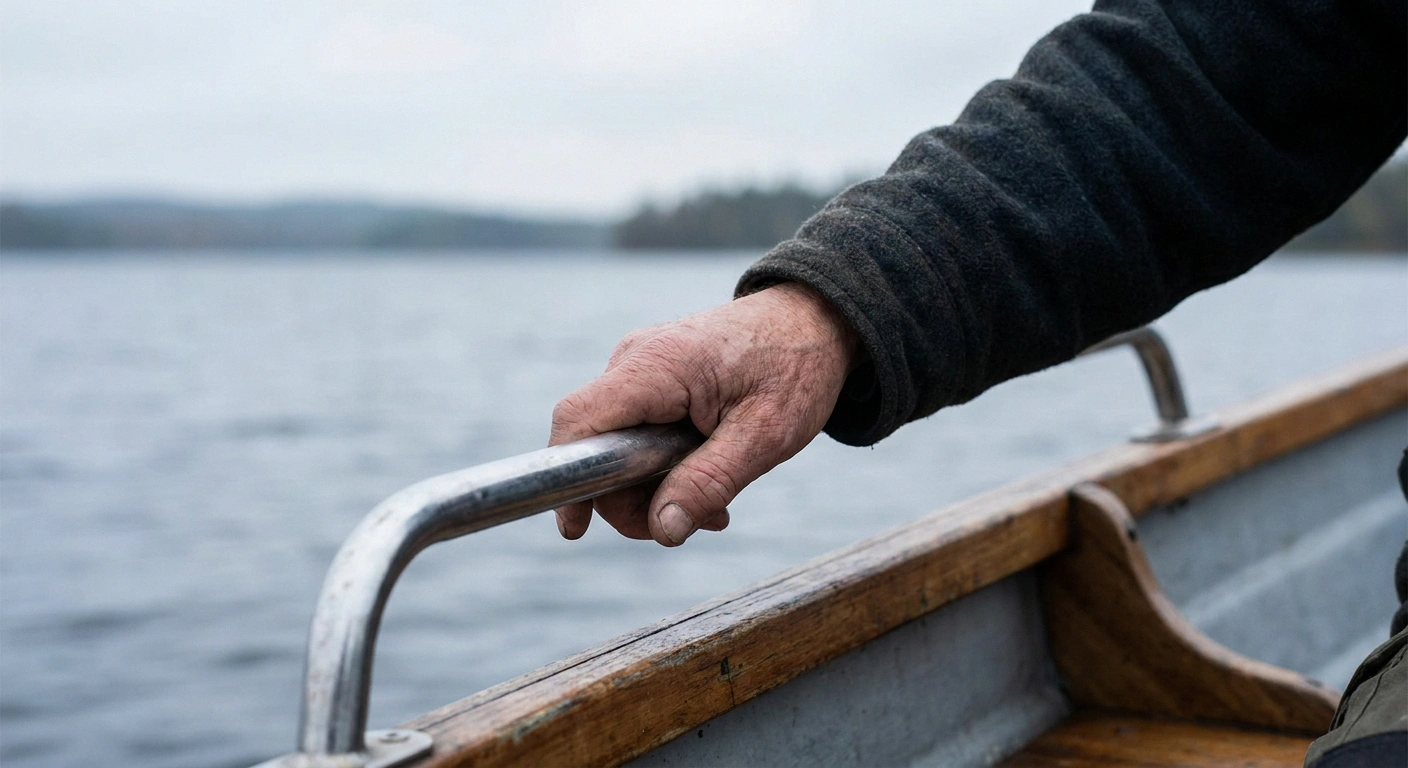 Hand holding a metal grab rail on a boat beside a calm lake