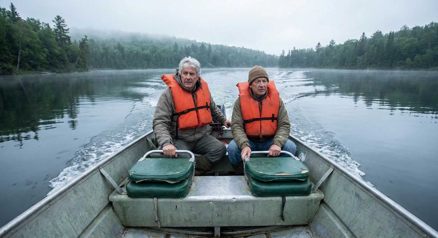 Two older adults seated low in a small boat holding on while underway