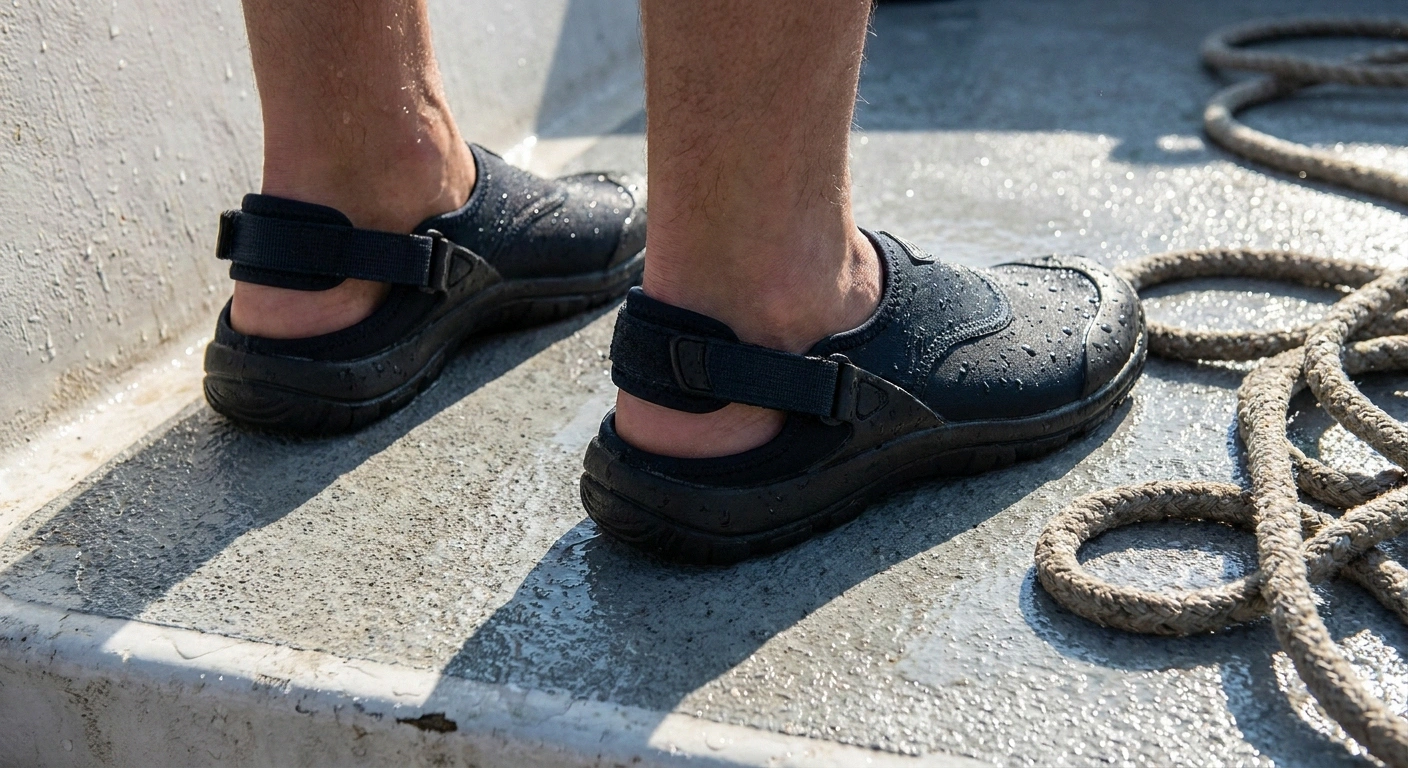 Closed-toe water shoes with heel straps on a wet boat deck