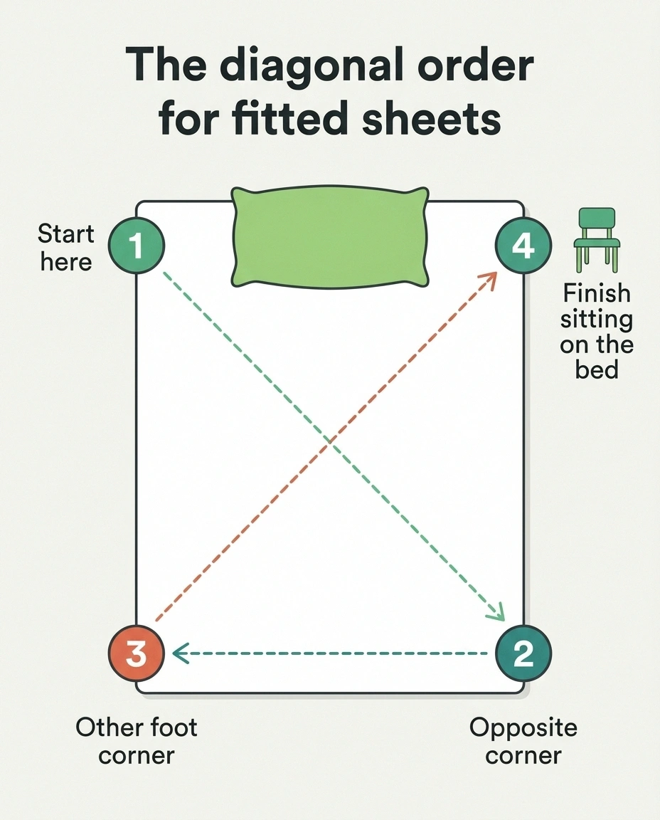 Diagram of the diagonal corner order for putting on a fitted sheet