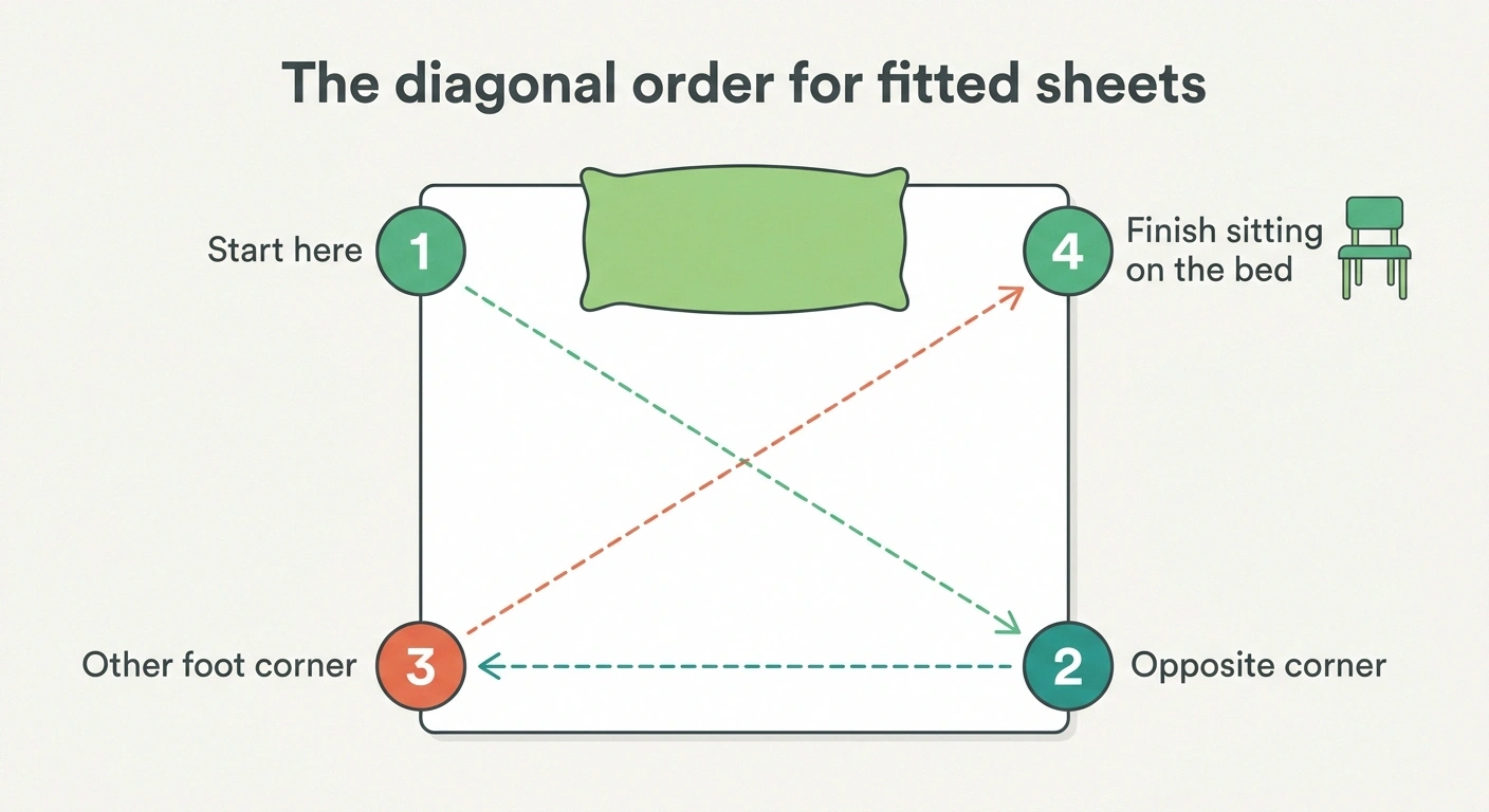 Diagram of the diagonal corner order for putting on a fitted sheet