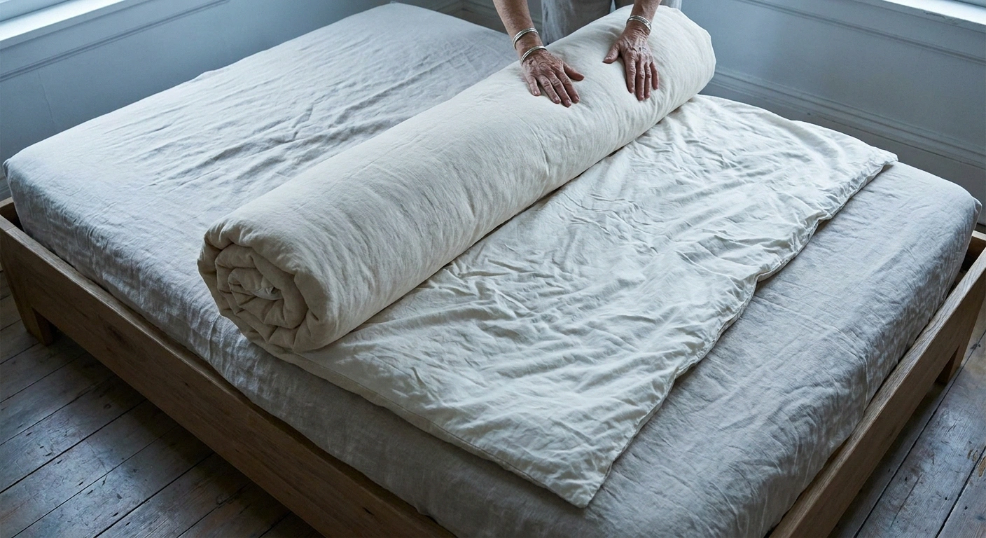Hands rolling a duvet and cover together on a bed