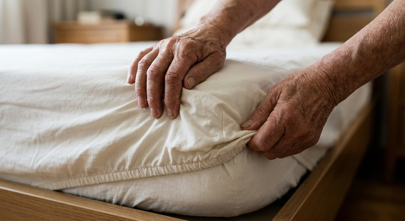 Close-up of older hands pinching the elastic edge of a fitted sheet