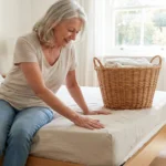 Woman sitting on her bed pushing a fitted sheet corner on with her palm