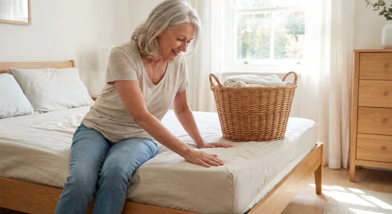 Woman sitting on her bed pushing a fitted sheet corner on with her palm