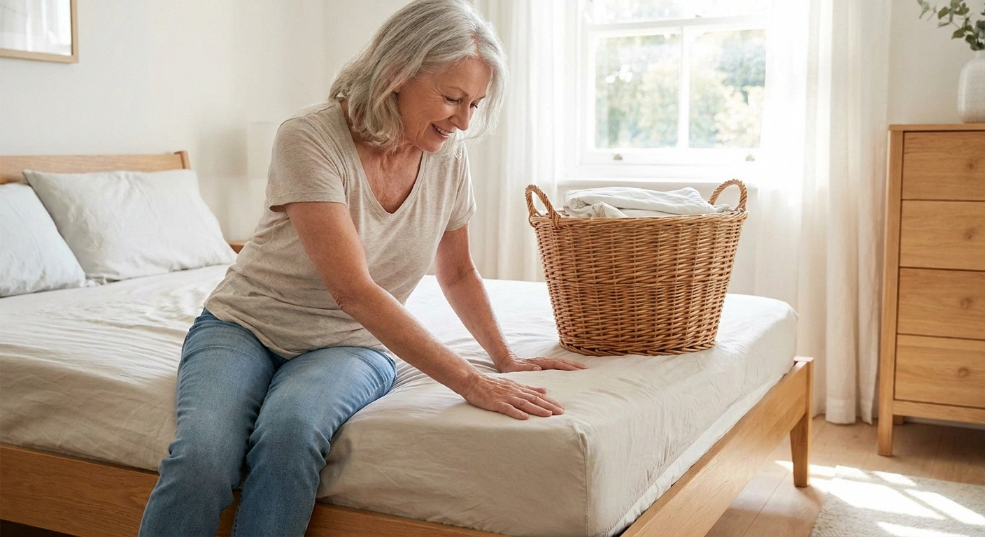 Woman sitting on her bed pushing a fitted sheet corner on with her palm