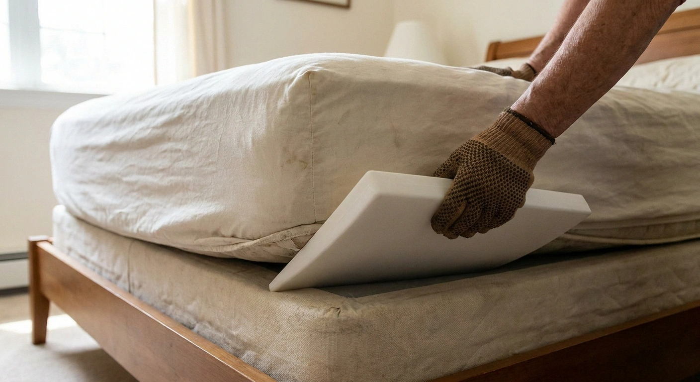 Plastic wedge propping up a mattress corner while a gloved hand tucks a sheet