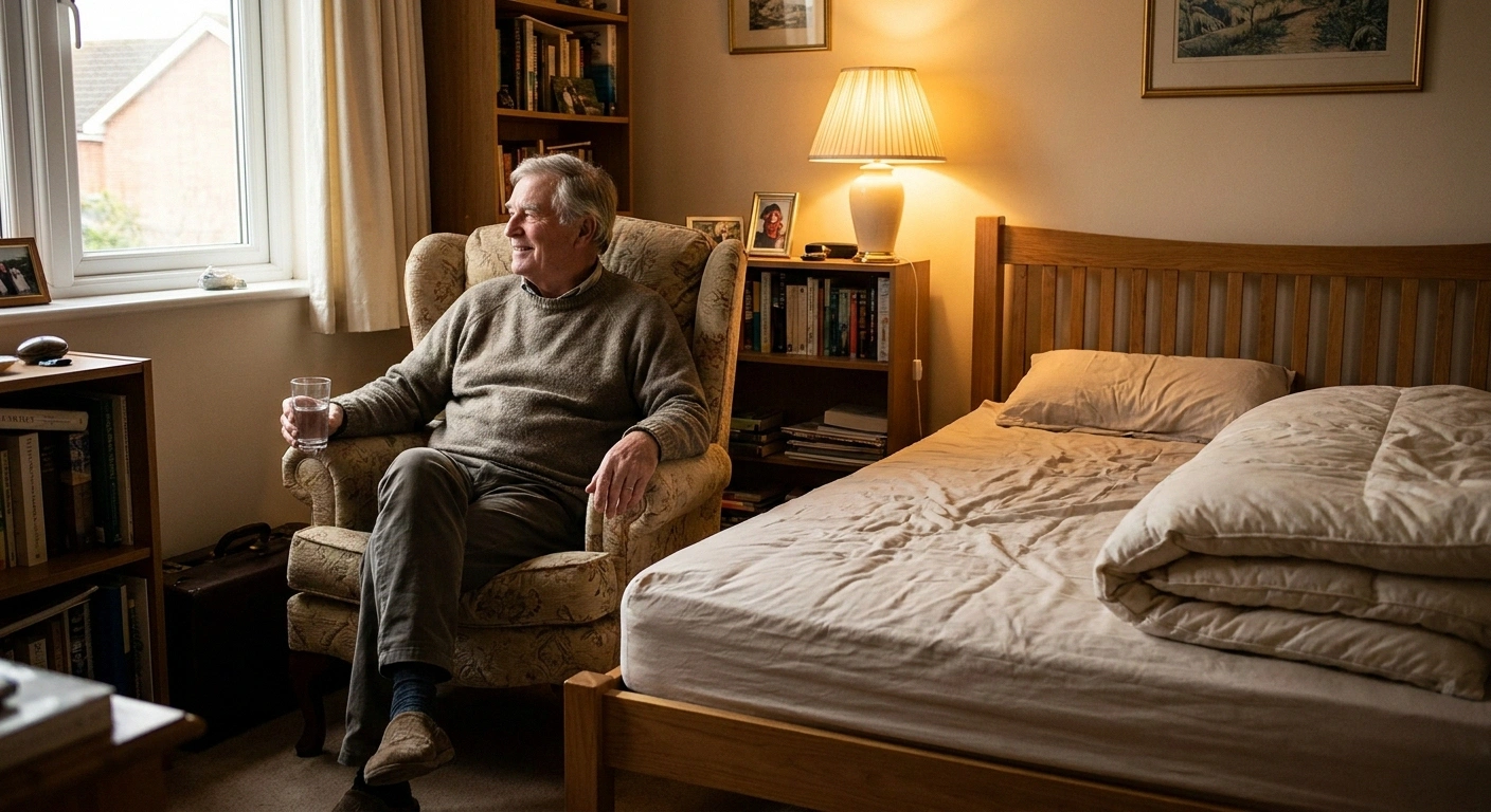 Older man resting in an armchair beside a half-made bed
