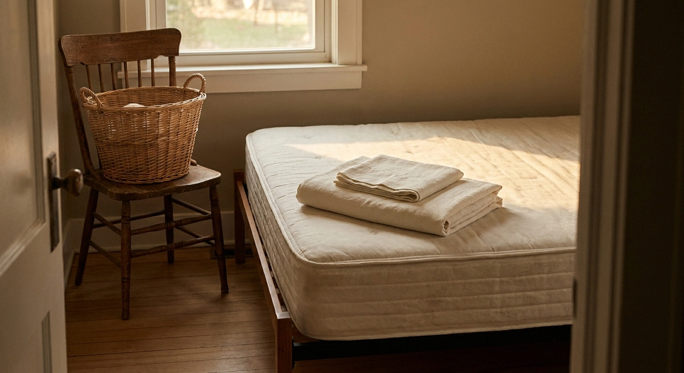 Folded sheet set inside a pillowcase next to a chair and laundry basket
