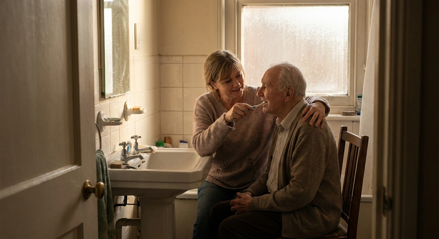 Daughter helping her seated father brush his teeth at a bathroom sink