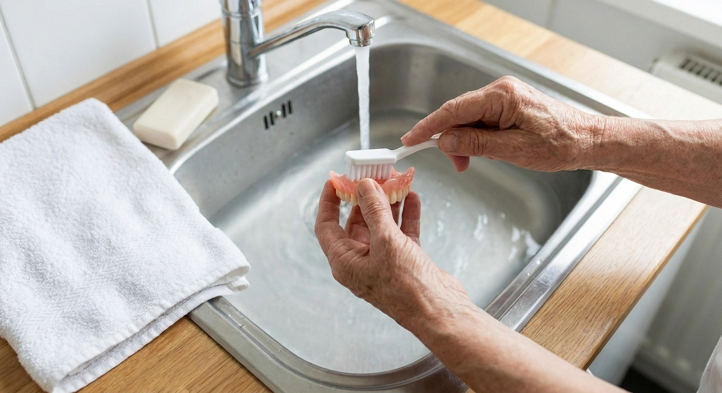 Hands cleaning a denture over a water-filled sink with a towel nearby