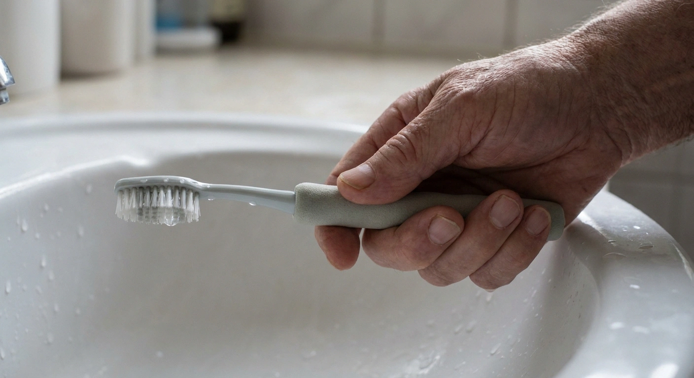 Hand loosely holding a toothbrush fitted with a thick foam grip