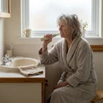 Older woman seated at a bathroom sink brushing her teeth