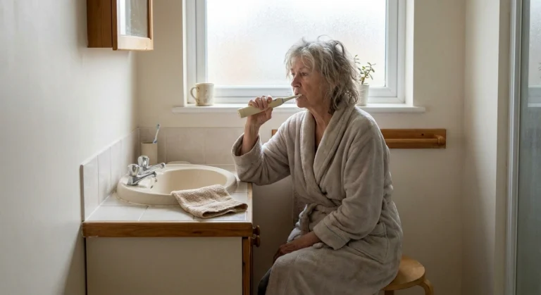 Older woman seated at a bathroom sink brushing her teeth