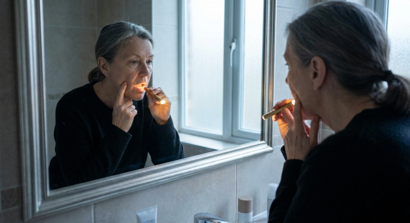 Woman using a small flashlight to check inside her mouth in a mirror