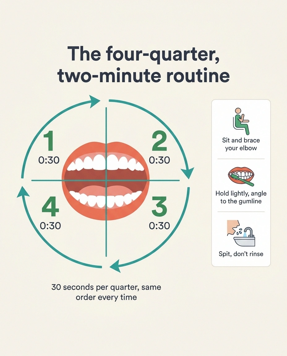 Diagram of the mouth split into four quarters for a two-minute brushing routine