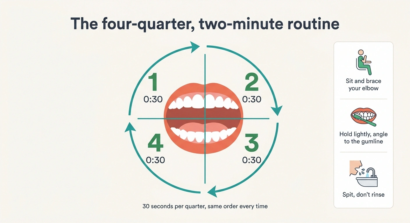 Diagram of the mouth split into four quarters for a two-minute brushing routine