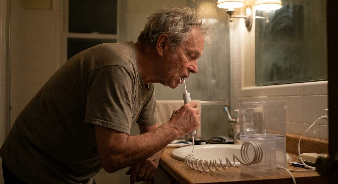 Older man using a water flosser while leaning over a bathroom sink