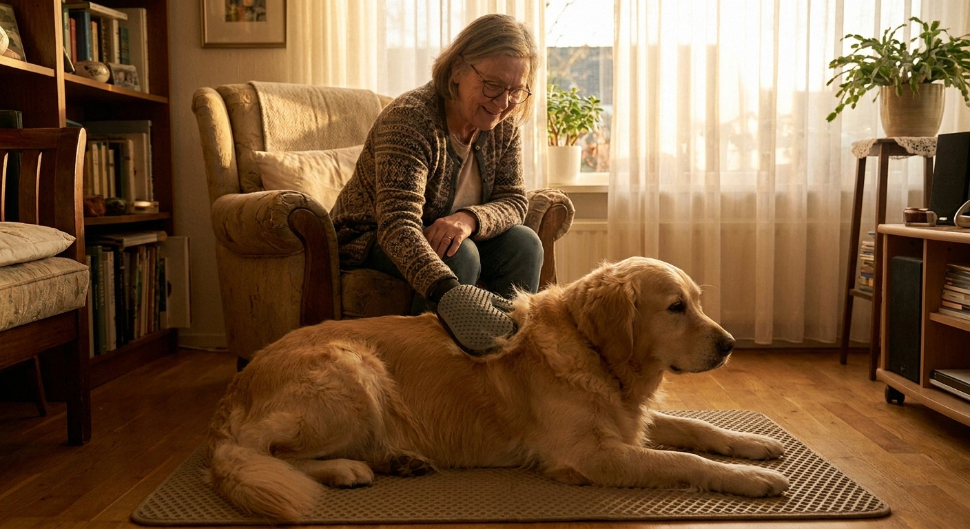 Woman in an armchair brushing her dog with a rubber grooming mitt