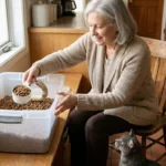 Older woman seated in her kitchen scooping cat food while her tabby cat watches