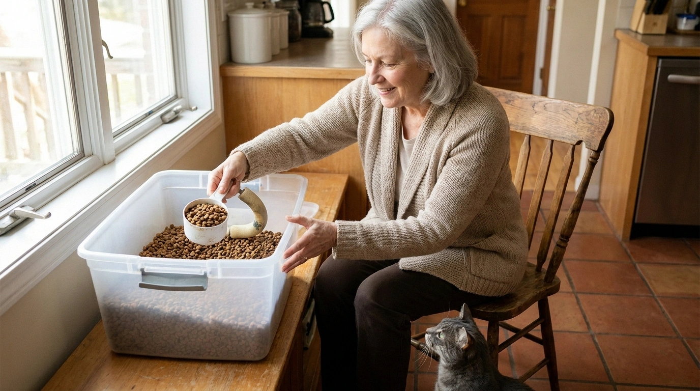 Older woman seated in her kitchen scooping cat food while her tabby cat watches