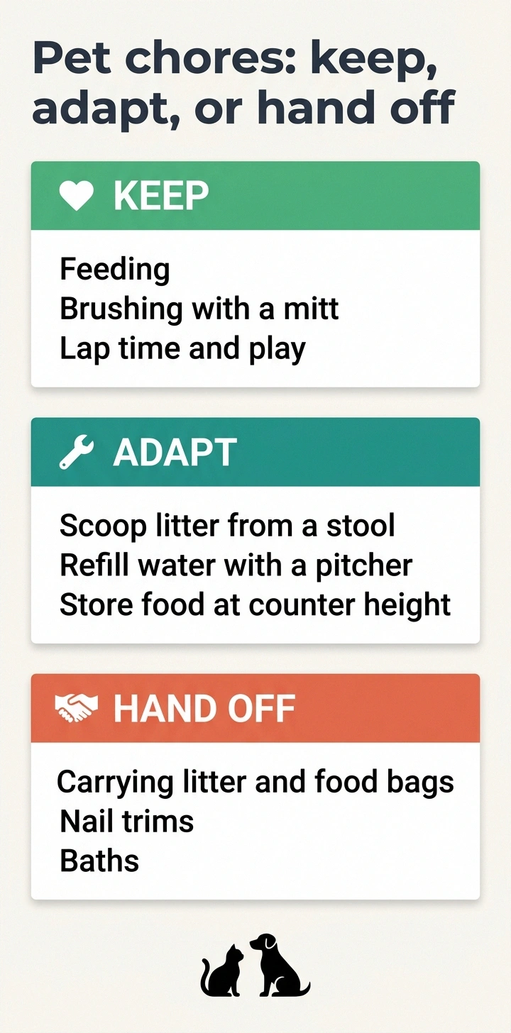 Chart sorting pet chores into keep, adapt, and hand off columns