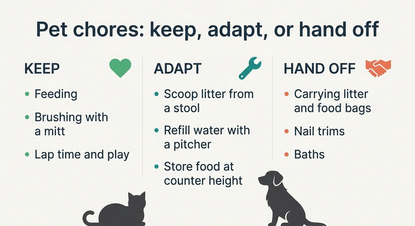Chart sorting pet chores into keep, adapt, and hand off columns
