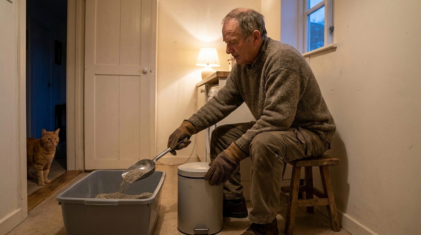 Man seated on a low stool scooping a litter box with a long-handled scoop