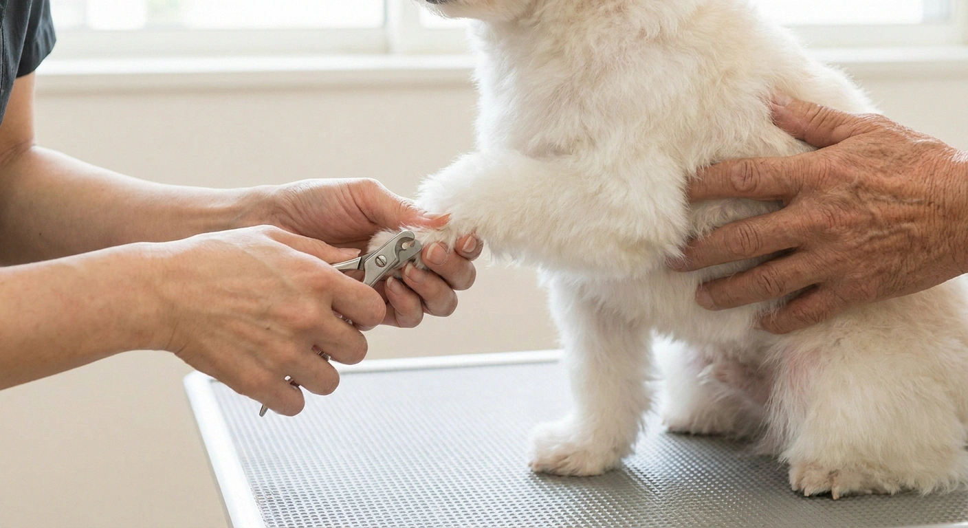 Groomer clipping small dog nails while the owner rests a hand nearby