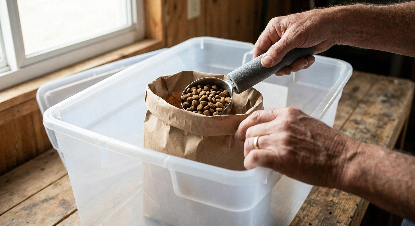 Hands scooping kibble from a bag set inside a waist-high bin