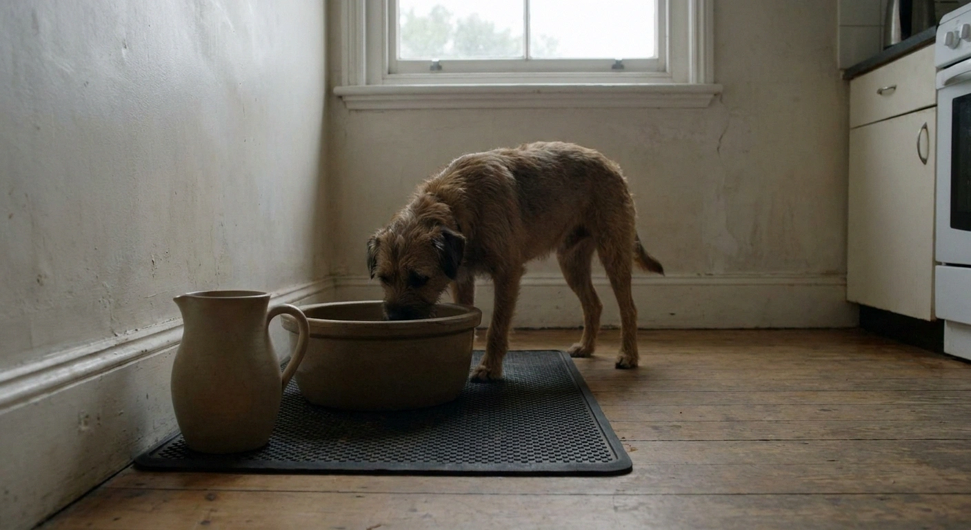 Dog drinking from a heavy water bowl on a rimmed mat against a wall