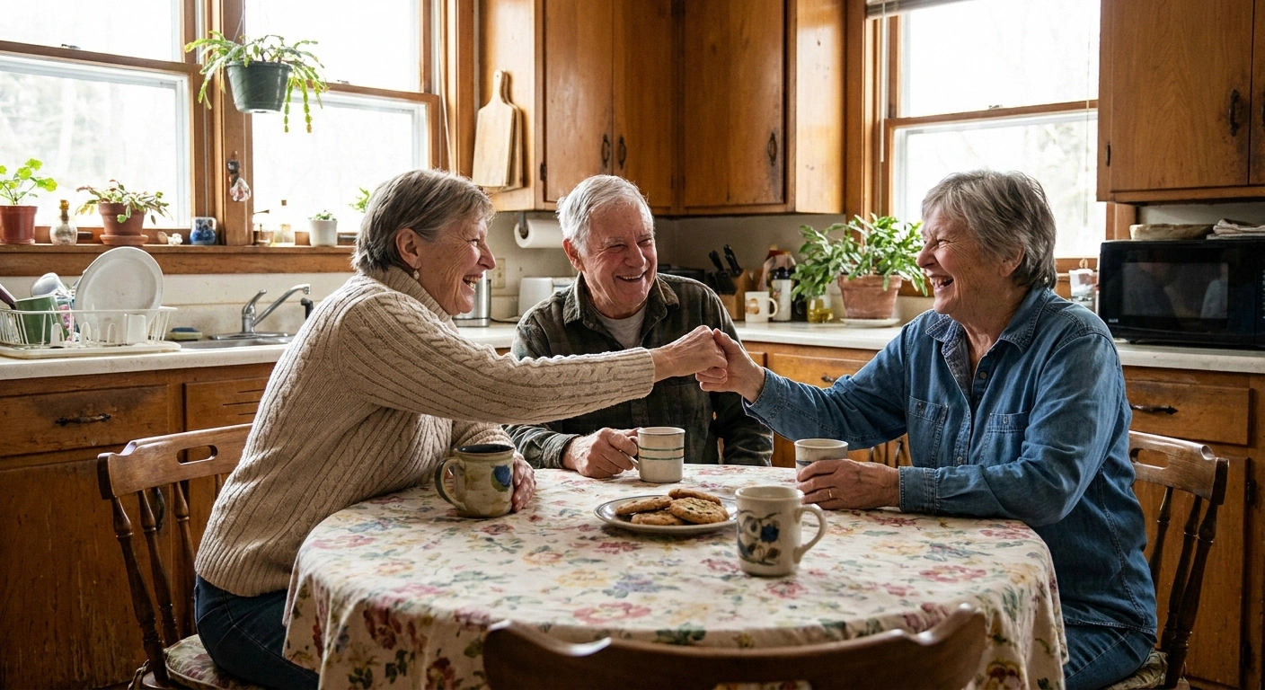Three older friends laughing together around a kitchen table