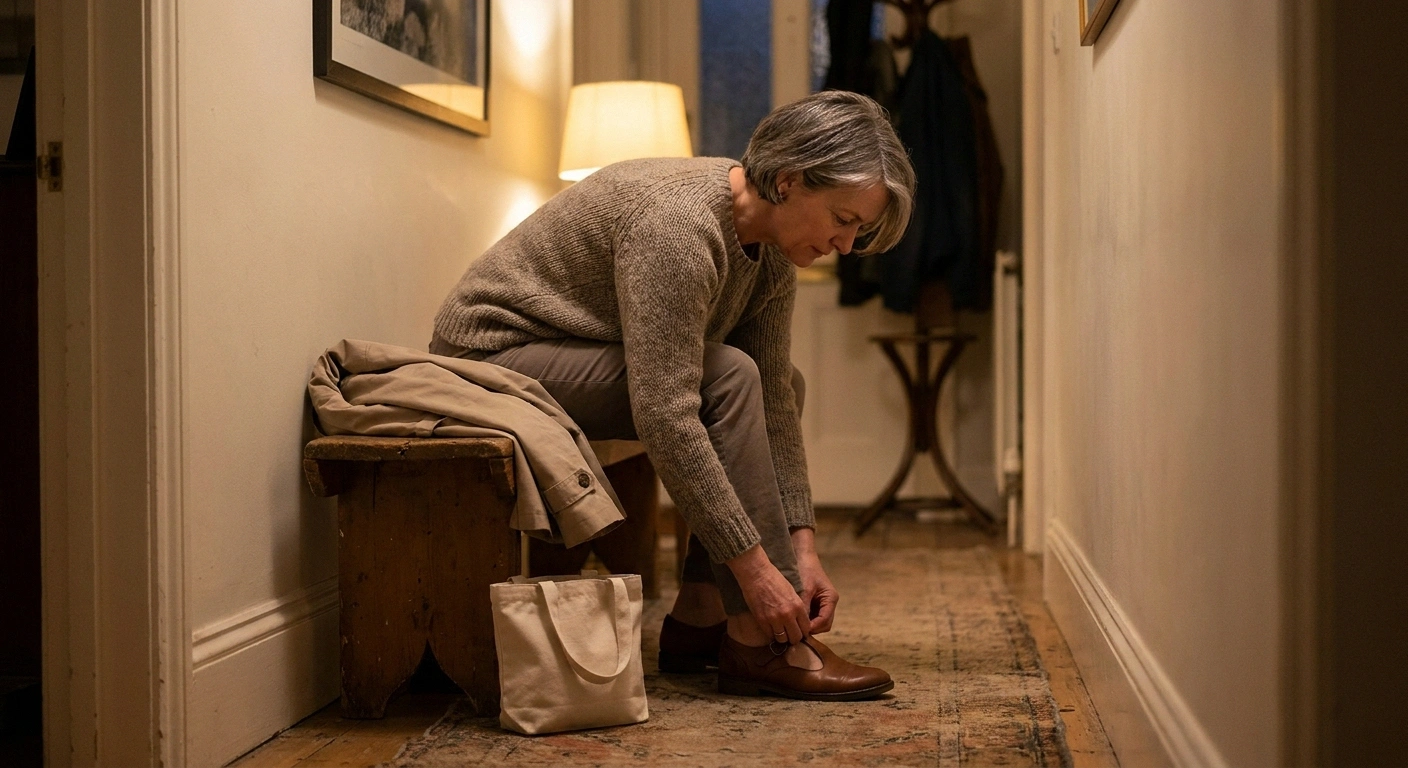 Woman on a hallway bench fastening a comfortable shoe before going out
