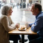 Two people in their sixties laughing over coffee at a cafe window table